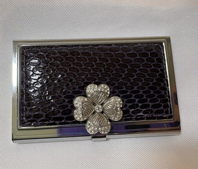 Brighton Business Card Holder Lucky Charm Rhinestone Clover Purple Snake Inlay 