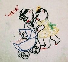 Vintage Embroidered Baby Diaper 1960s Heir Bear Family Carriage Burp Cloth Sweet
