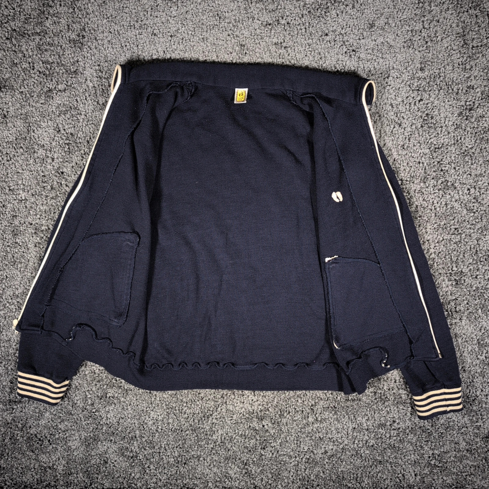 VTG Hang Ten Track Jacket Sweater Men's M Navy Blue Striped Knit Zip EUC