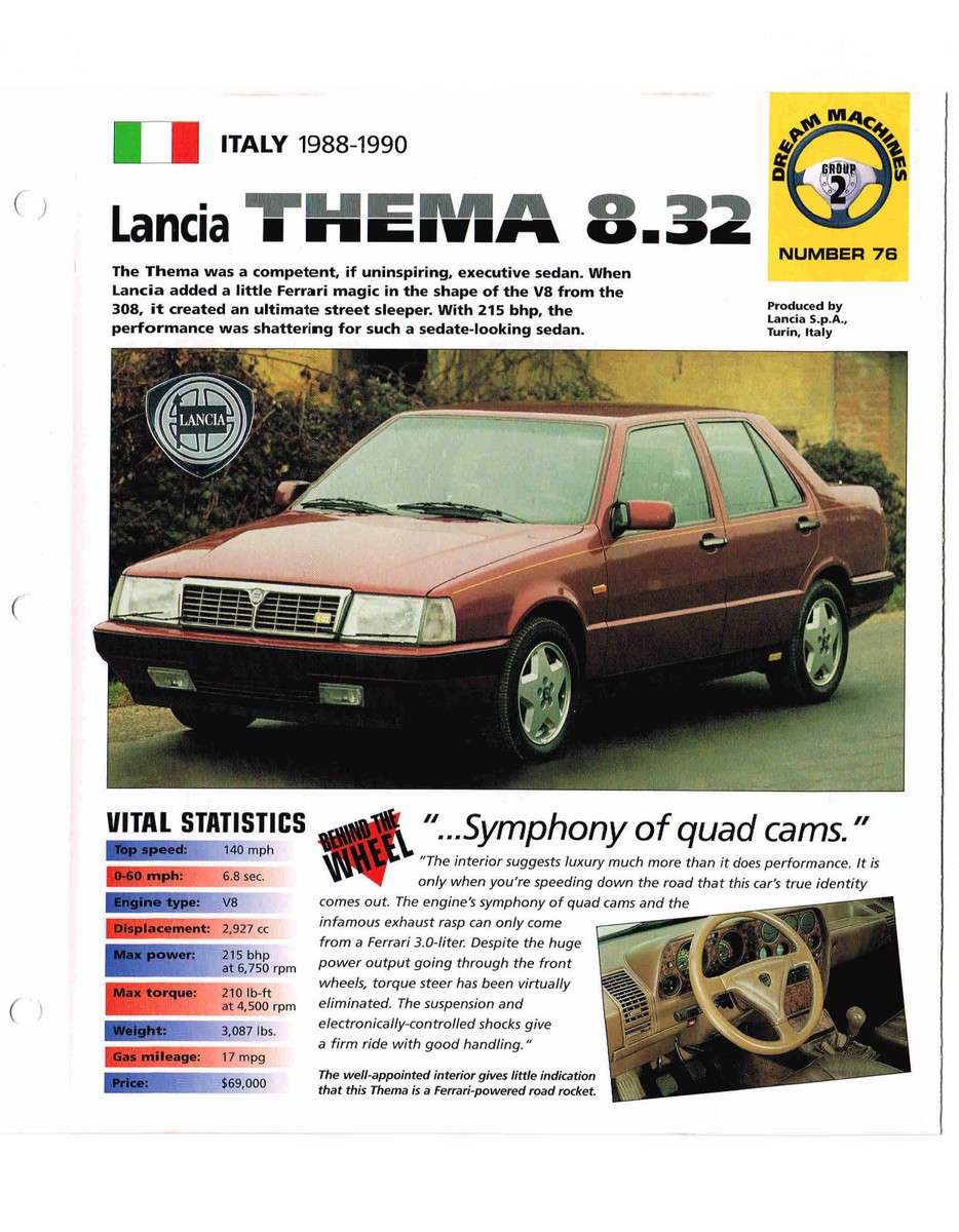 1988/1989/1990 LANCIA THEMA 8.32 SPEC SHEET / Brochure / Catalog