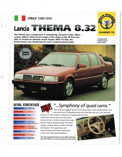 1988/1989/1990 LANCIA THEMA 8.32 SPEC SHEET / Brochure / Catalog: ferrari power - Picture 2 of 4
