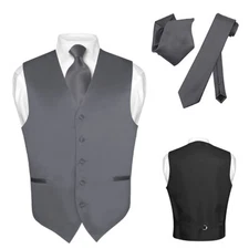 Men's Dress Vest NeckTie Hanky CHARCOAL GREY Gray Neck Tie Set for Suit Tuxedo