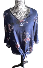 AGB Blouse Size M Navy Floral Top Shirt Bell Sleeve Medium Med Tie Front