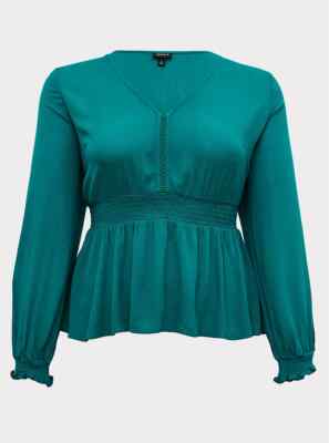 Torrid Gauze Smocked Peplum Midi Blouse Semi Sheer Emerald Green 0X L 12 #47295