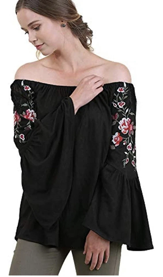 Blusa Umgee Boho Fuera del Hombro Encaje/Bordada Manga Campana Gamuza-Como Negra