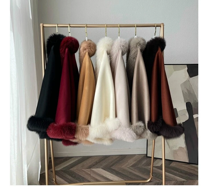 Кашемировые пончо из натуральной шерсти с отделкой из лисьего меха вокруг плаща женские меховые шали - Изображение 3 из 4