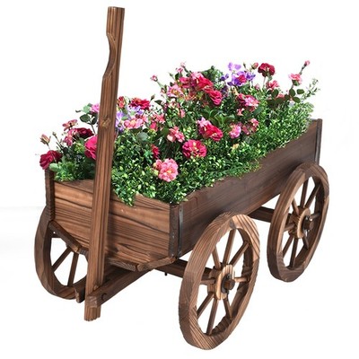 Topbuy Outdoor Flower Planter Wood Wagon Decoration Wheels