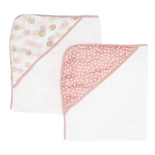 Baby Hooded Towel Bath Set, Muslin Printed Hood, Pack of 2, Pink Shells