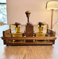 Vintage Amber Glass Oil Vinegar Cruet Set Wood Caddy Mid Century Modern 1970s