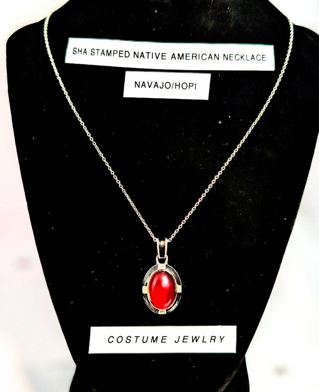 SHA Marked Red Cabochon Pendant Necklace Southwestern Style Silver Tone Costume