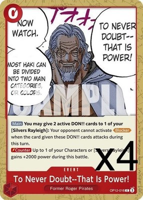 4X One Piece Card Game To Never Doubt--That Is Power! OP12-016 NM