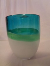 VERY HEAVY ART GLASS VASE CLEAR BLUE TURQUOISE OPAQUE GREEN WHITE 7.5" x 5.75"