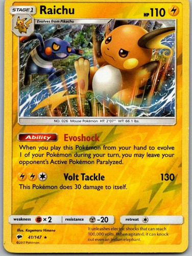 Raichu SM - Burning Shadows 41/147 Holo Rare Reverse Holo PokéMon — English