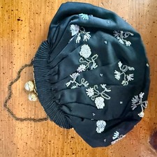 Vintage Made in France Black Satin Beaded Evening Bag Pearl Kiss Lock Clutch