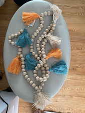 Rustic Farmhouse Boho Wood Beads w/ teal orange  cream tassels Autumn Garland