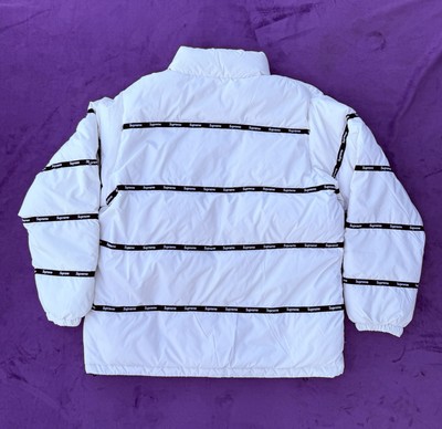 FW16 Supreme Logo Tape Puffy Jacket Size S Small Red Puffer Water