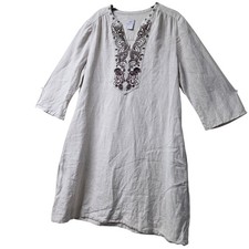 Chico's Beige Embroidered Tunic Dress Size 1 US M Boho 3/4 Sleeve Cotton Blend