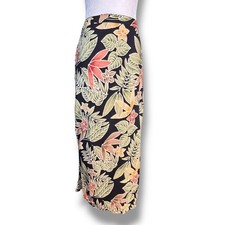 Vintage Tropical Floral Midi Skirt Rayon Island Print Black Green Size M