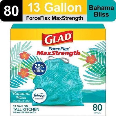 Glad ForceFlex MaxStrength Tall Kitchen Drawstring Trash Bags, 13 Gal