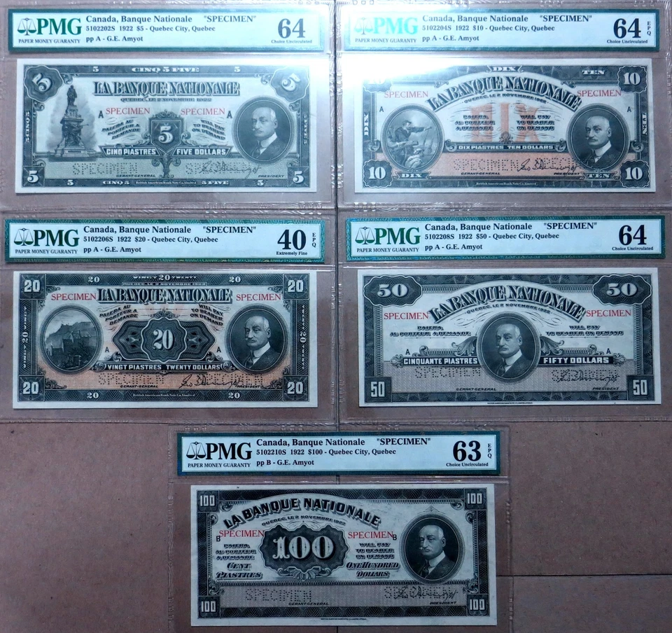 Canada Banque Nationale 1922  $5 - $100 Specimen Set of 5 notes PMG 40-64 - Image 2 of 4