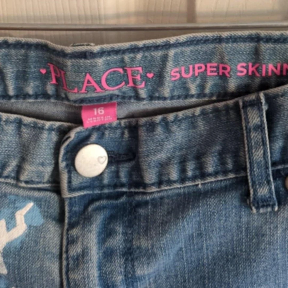 Children's Place Super Skinny Sz 16 Embellished Jeans Painted Emogies Blue Denim - Image 4 of 4