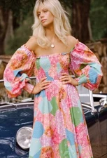 SPELL FREDA MIDI DRESS Women’s Smocked Dress Sz Small S Pink patchwork RRP $347