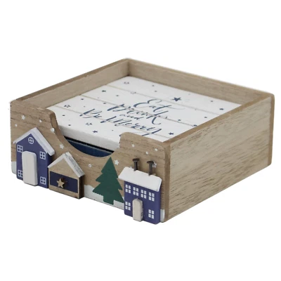 SIFCON Wooden Coaster & Holder Set Christmas Greetings Decorated Drink Pads 4pcs Mats