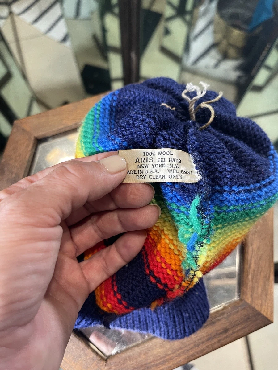 vintage 80 s 100 Wool Knit Aires Ski Hat Pom Pom Rainbow Winter
