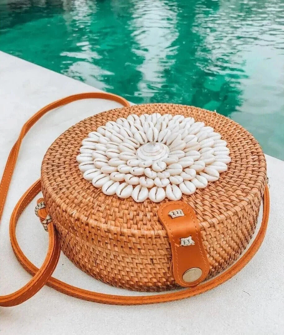 Handwoven Round Shape Rattan Bag Woven Summer Bag Boho Bag Gift For Her