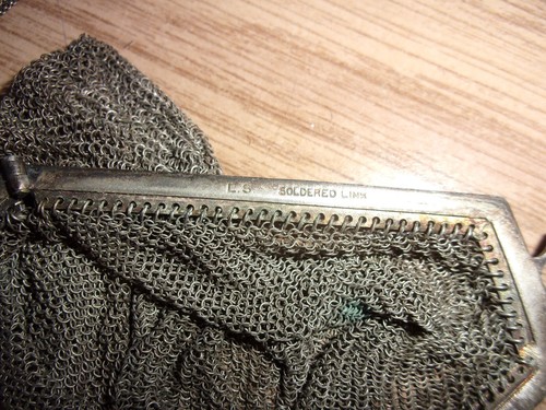 antique 1900's chain mail mesh coin purse wristlet tassel marked L.S. blue stone - Picture 9 of 14