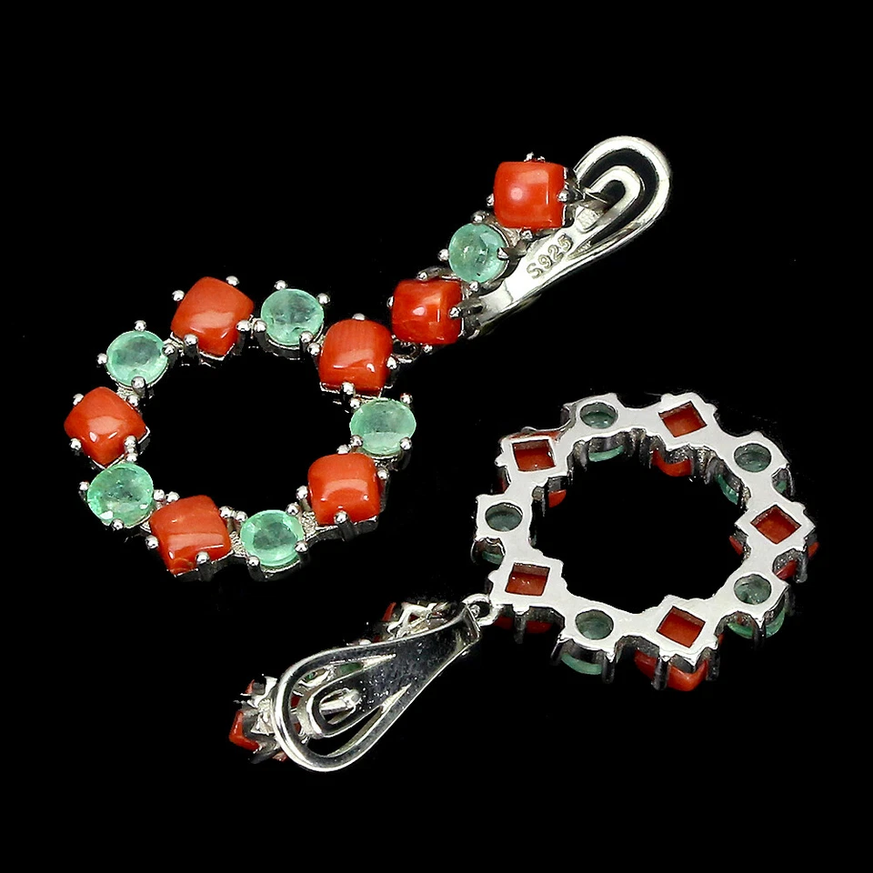 925 Orecchini Argento Sterling Rotondo Smeraldo Corallo 4mm Naturale Gemma Gioie - Immagine 3 di 4