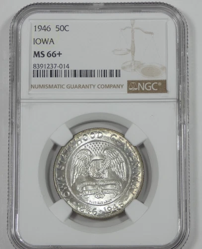 1946 Iowa Centennial Commem Silver Half Dollar CERTIFIED NGC MS 66+