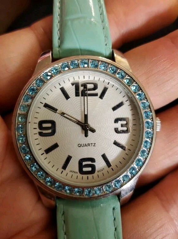 AVON Watch Analog Mint Green Band Rhinestones Bezel Round  display picture 1