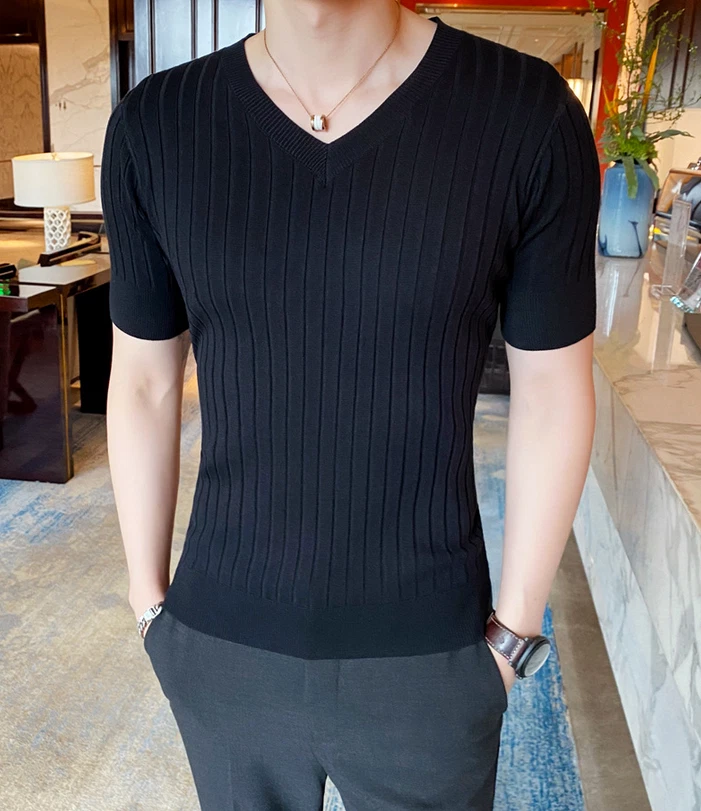Mens Knitted Vest Top Short Sleeve Cardigan Sweater V-Neck Plain Stretch  Jumper | eBay