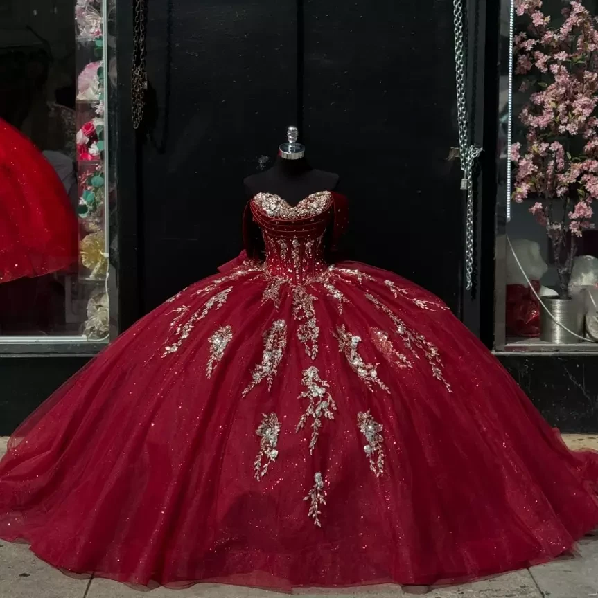 chinese dress ladies Red Strapless Sweet 16 Ball Gowns Ruffled Wedding Dresses with Flowers –  Viniodress main image 0