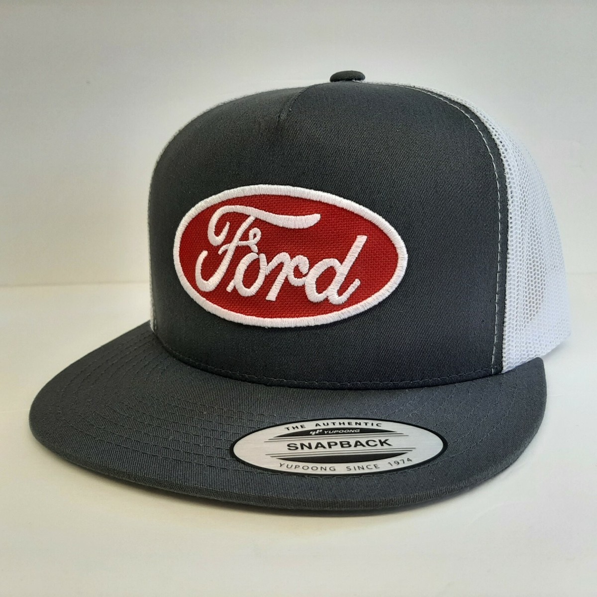 Ford Embroidered Patch Flat Bill Hat Cap Mesh Snapback Gray