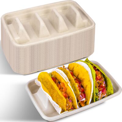 50 PCS Disposable Taco Holders for Party, Premium Paper Taco Plates with Divi...
