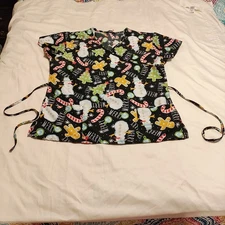 Women's Serene Brand Scrub Top Size Large Christmas Themed Snowman And Trees