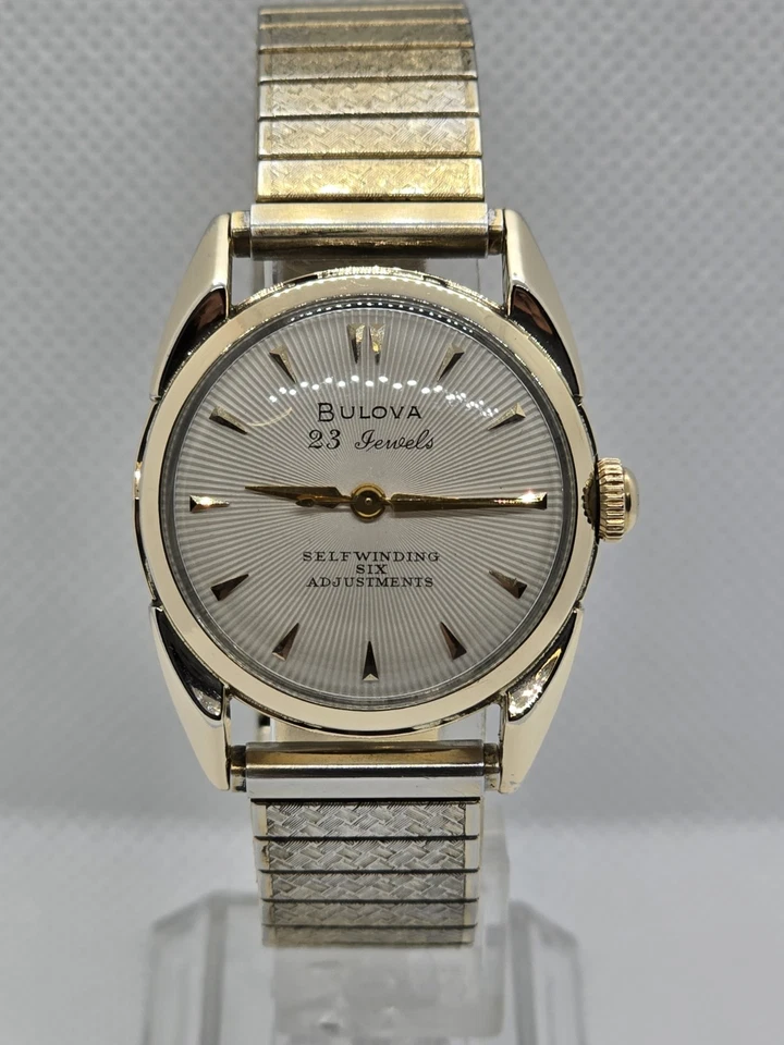 Vintage 1955 Bulova "23" 10K Gold(RGP) W/ Vintage Flex Band. Sunburst Dial! - Image 2 of 4