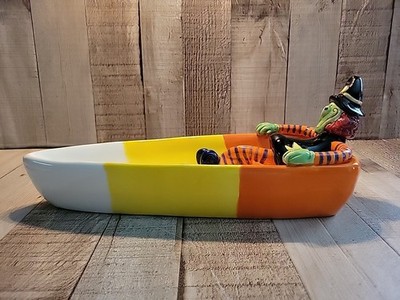Halloween Candy Corn Witch Ceramic Canoe Bowl Dish Orange Yellow White Decor