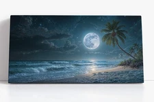 Moonrise Over the Tides Canvas Print Wall Art | Fantasy Coastal Ocean Decor