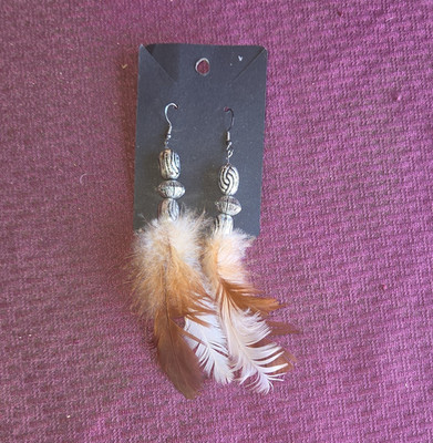 Bohemian Feather Shape Beaded Dangle/Drop Hook Earrings - Brown White Silver