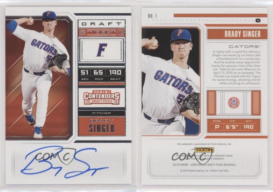 2018 Panini Contenders Draft Picks Ticket RPS Variation Brady Singer #1 Auto 2t7 view 3