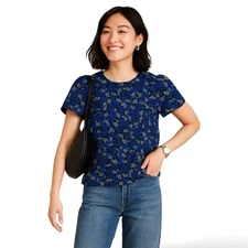 AQUA Floral Print Structured Tulip-Sleeve Blouse - M