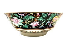 Vintage Sanyo Toki Ryu-Ho Japanese Ramen Bowl Black Floral Mille Fleurs Pattern