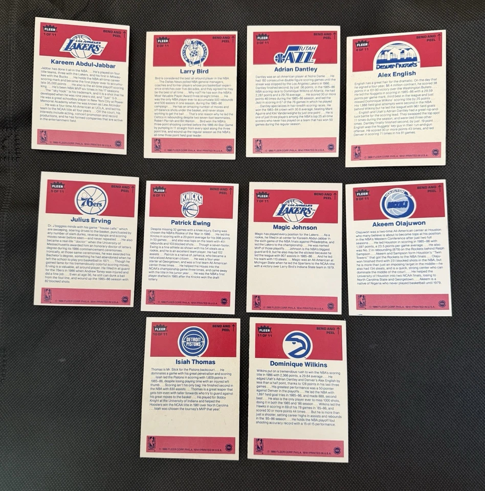 Juego de pegatinas de baloncesto Fleer NBA 1986 (1-11) sin Jordan muy afilado Foto 2 de 4