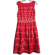 Talbots Fit & Flare Nautical Dress Women 10 Coral Sailboats Sleeveless Pockets