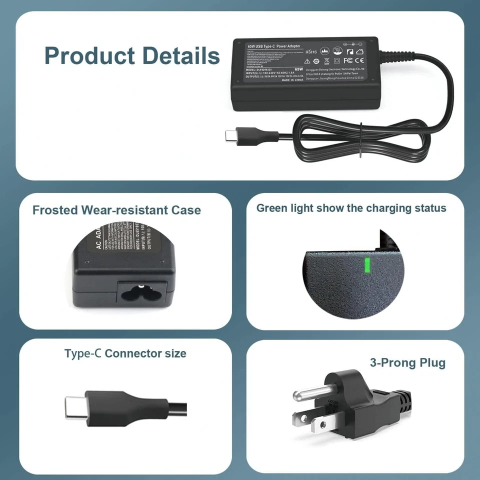 65W USB C Charger Fit for Lenovo Yoga 7i 9i 14" 15" 2 in 1 Laptop Power Cord - Image 2 of 4