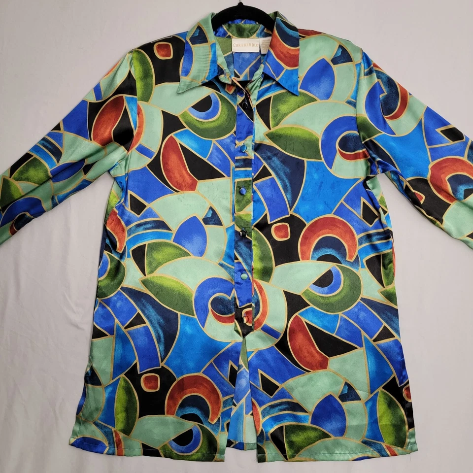 Blusa vintage Christie & Jill abotonada talla mediana drapeada aberturas laterales geométricas  Foto 2 de 4