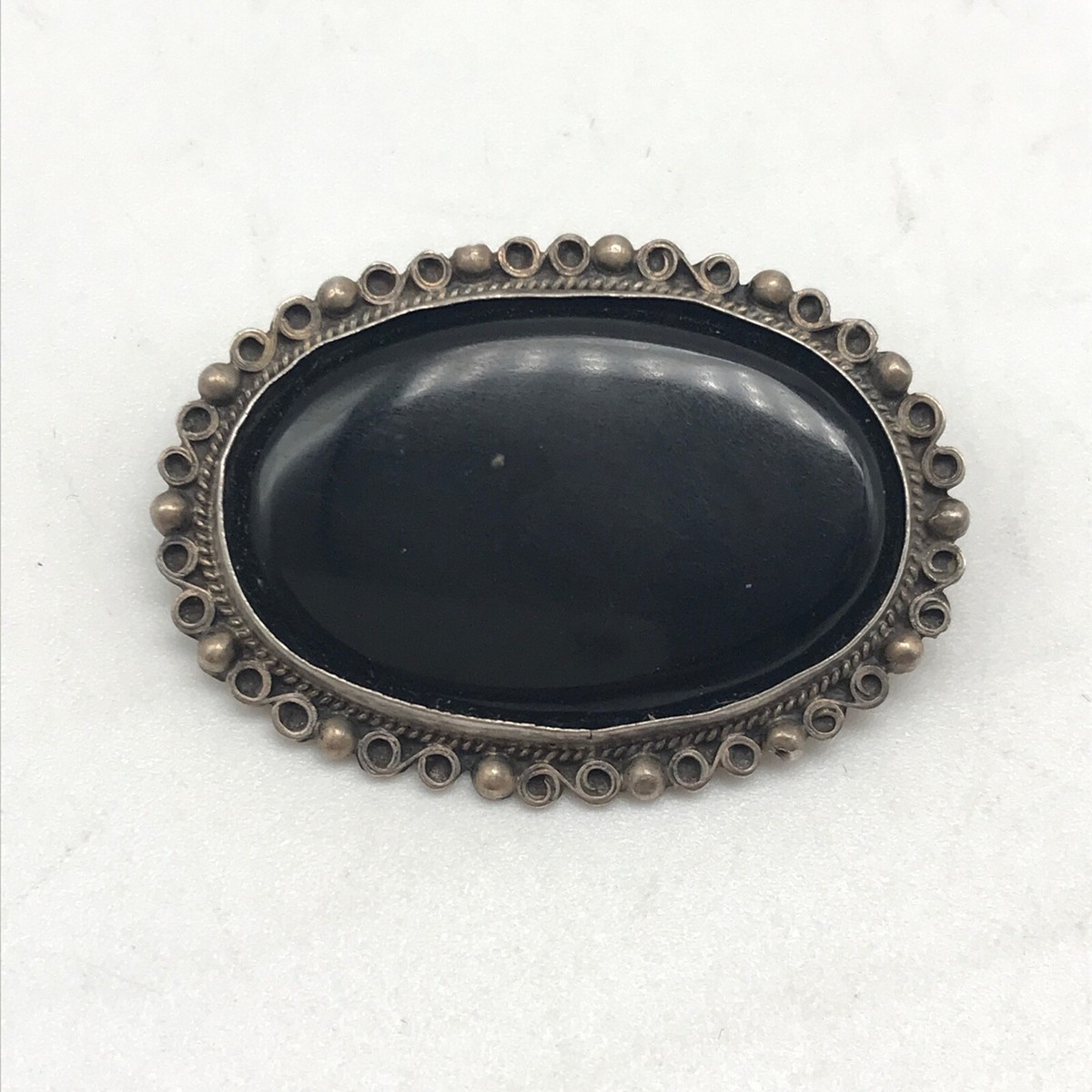 Vintage 925 Sterling Silver Old Mexico Black Onyx Oval Brooch Pin